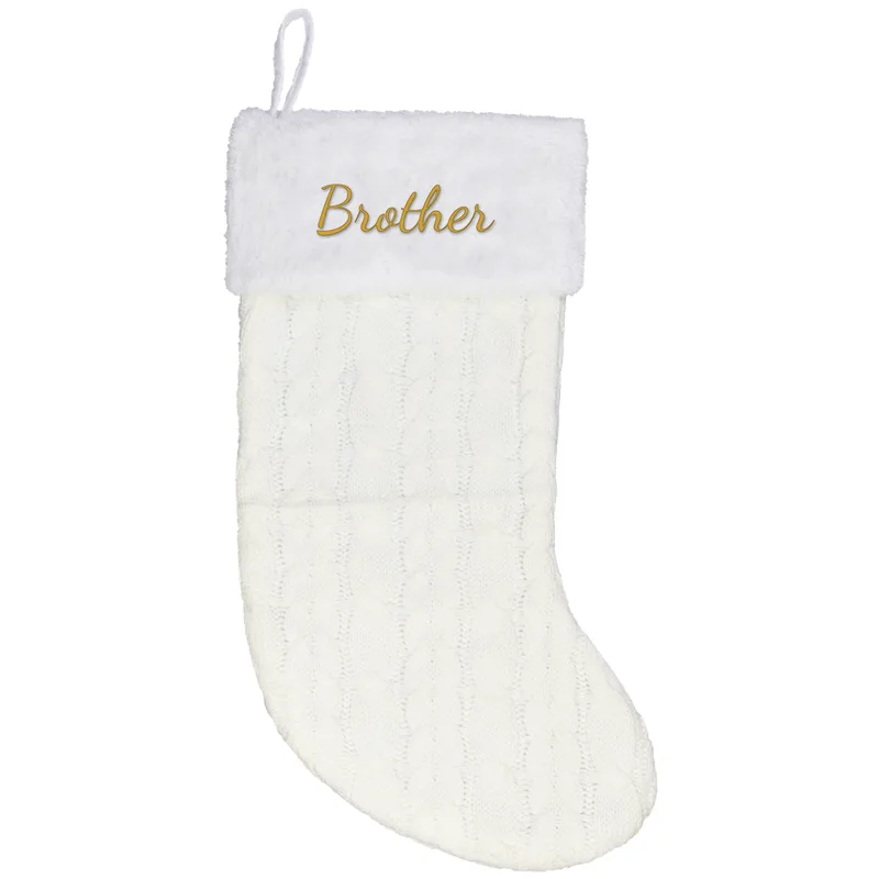 Brother embroidered on a cream Christmas stocking
