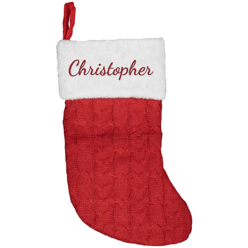 Christopher embroidered on a red Christmas stocking
