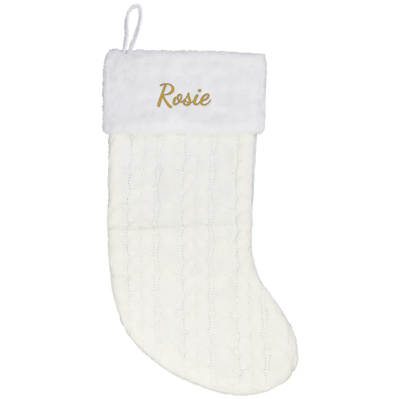 Rosie embroidered on a cream Christmas stocking